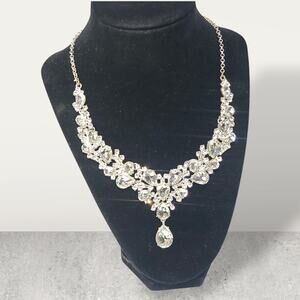 Silver Tone Crystal Rhinestone Bib Statement Necklace Glam Bling Sweetheart